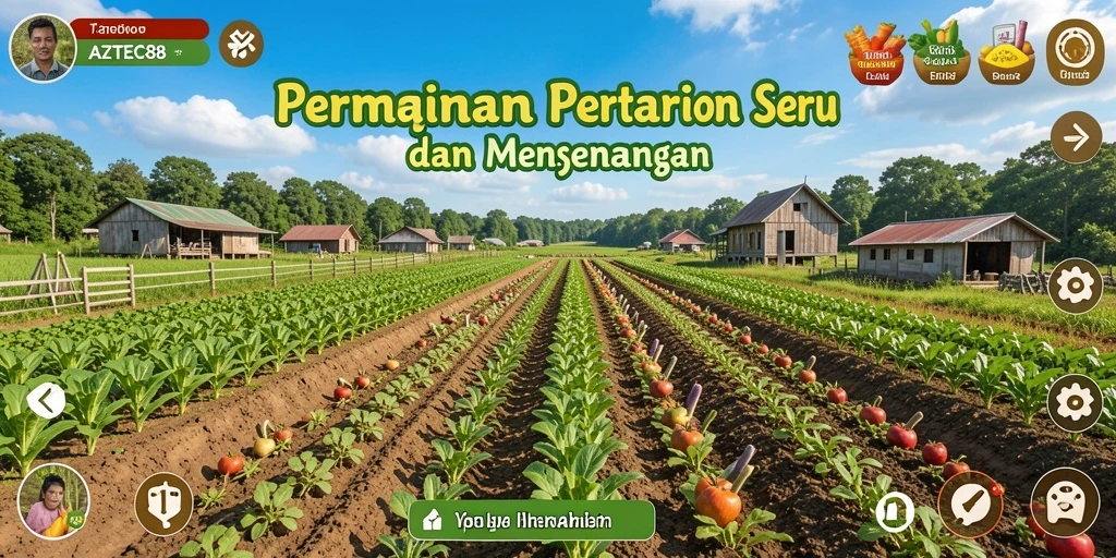 Tampilan gameplay AZTEC88 menampilkan ladang subur dan hewan ternak yang lucu.