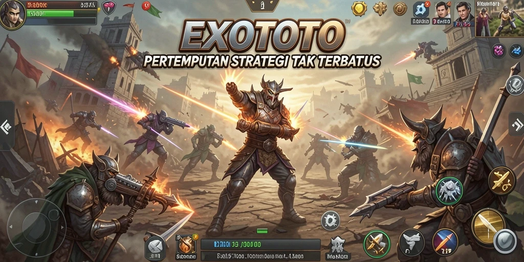 Tangkapan layar utama EXOTOTO menampilkan pertempuran intens dengan strategi yang mendalam.