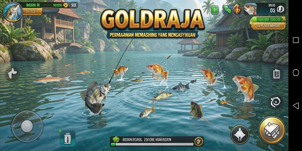 Tampilan gameplay <strong>GOLDRAJA</strong> yang mengesankan saat memancing di lokasi indah.