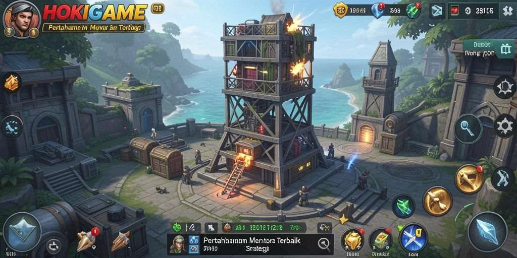 Tampilan gameplay HOKIGAME dengan menara yang siap bertahan dari serangan musuh.