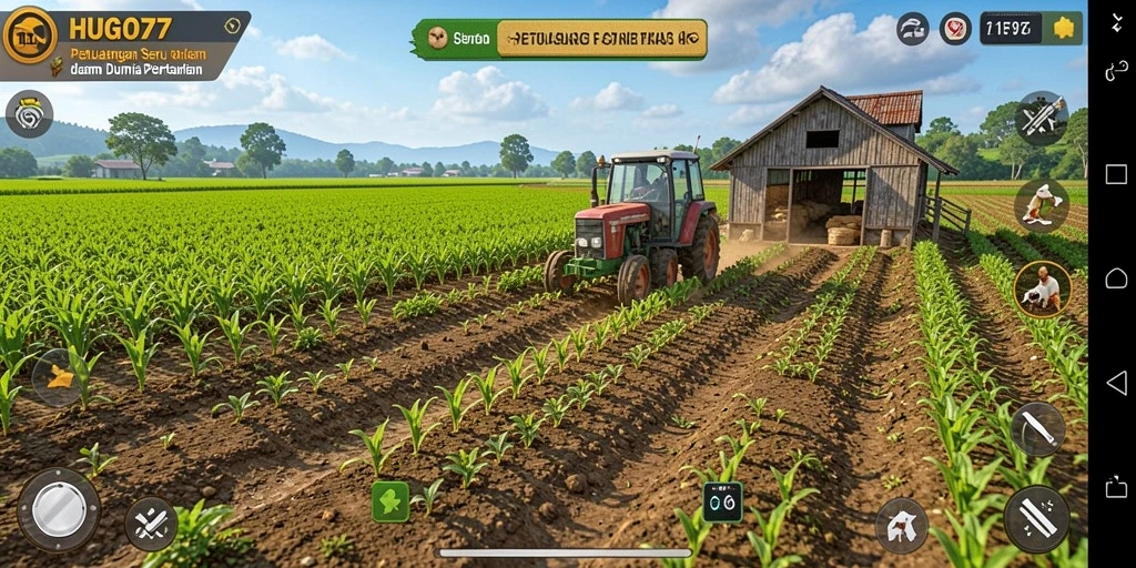 Screenshot HUGO77 menampilkan pemandangan pertanian yang indah dan gameplay yang seru.