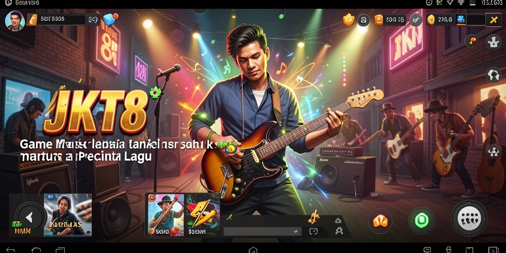 Screenshot utama JKT8 yang menunjukkan gameplay seru dengan musik.