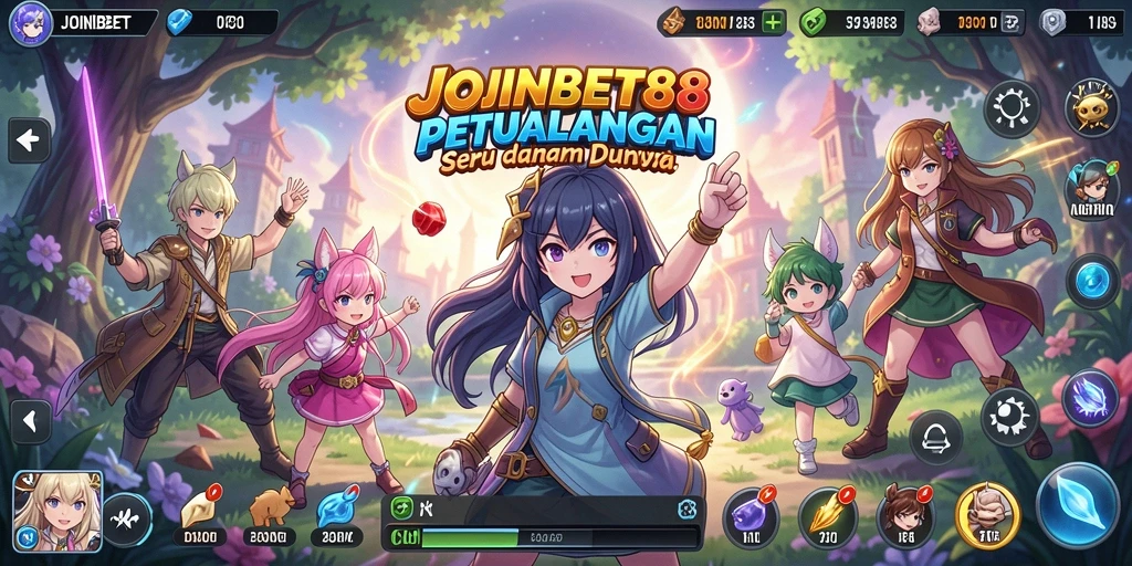 Screenshot menunjukkan karakter anime dengan latar belakang penuh warna.